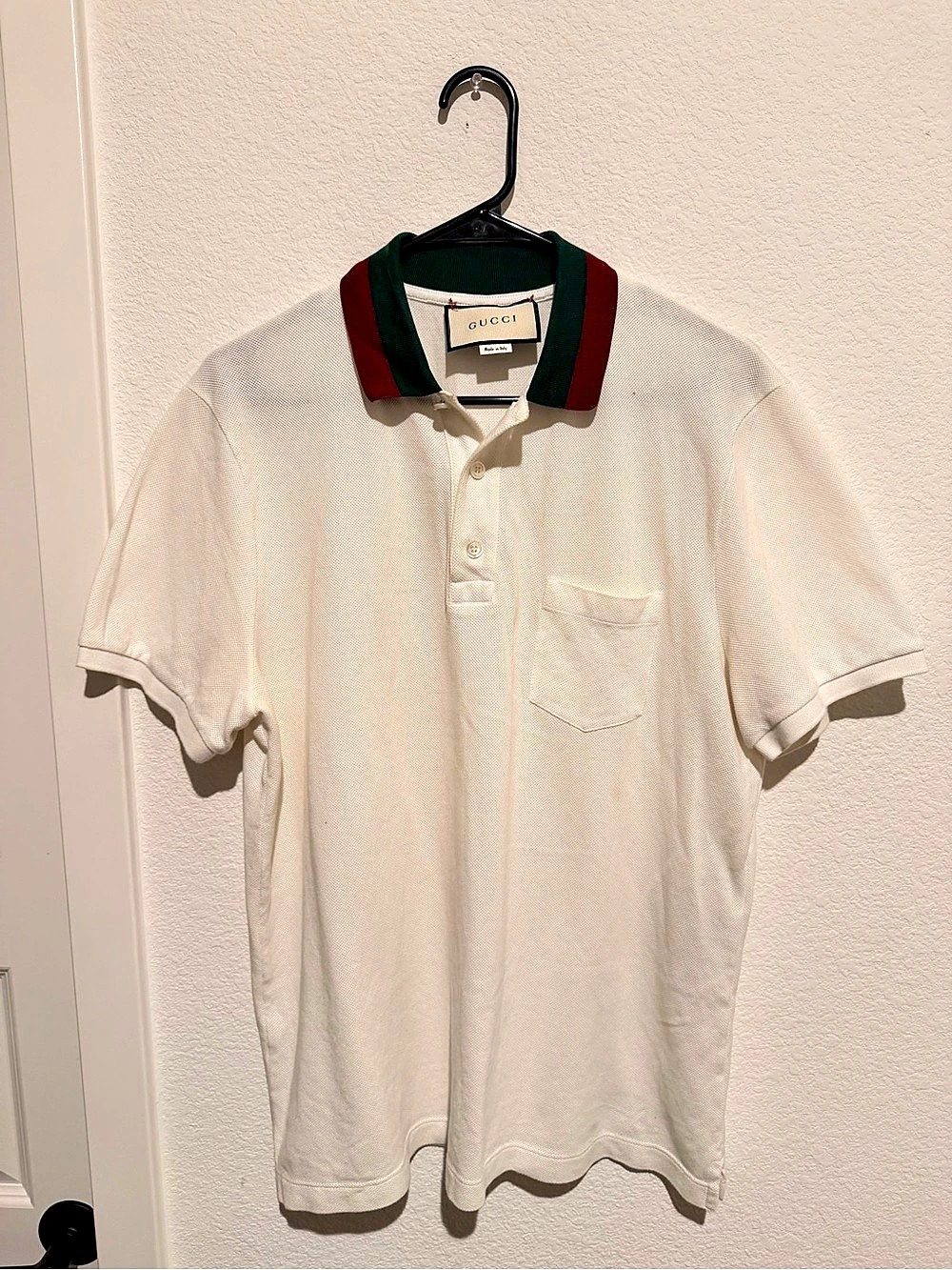 Authentic Gucci Cotton Piquet Polo with Web Collar Web Collar White Green & Red